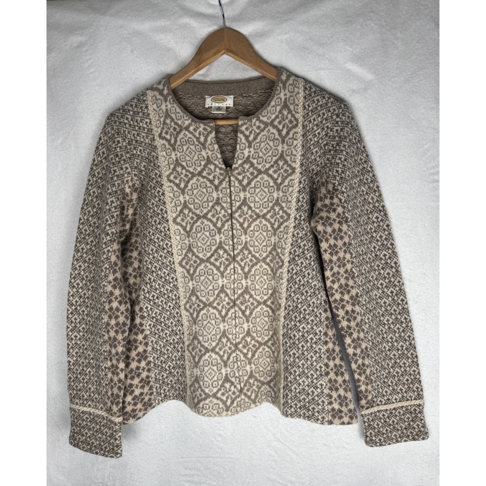 VTG Talbots Cardigan Sweater Nordic Fair Isle 100% Lambswool Tapestry Zip Up M